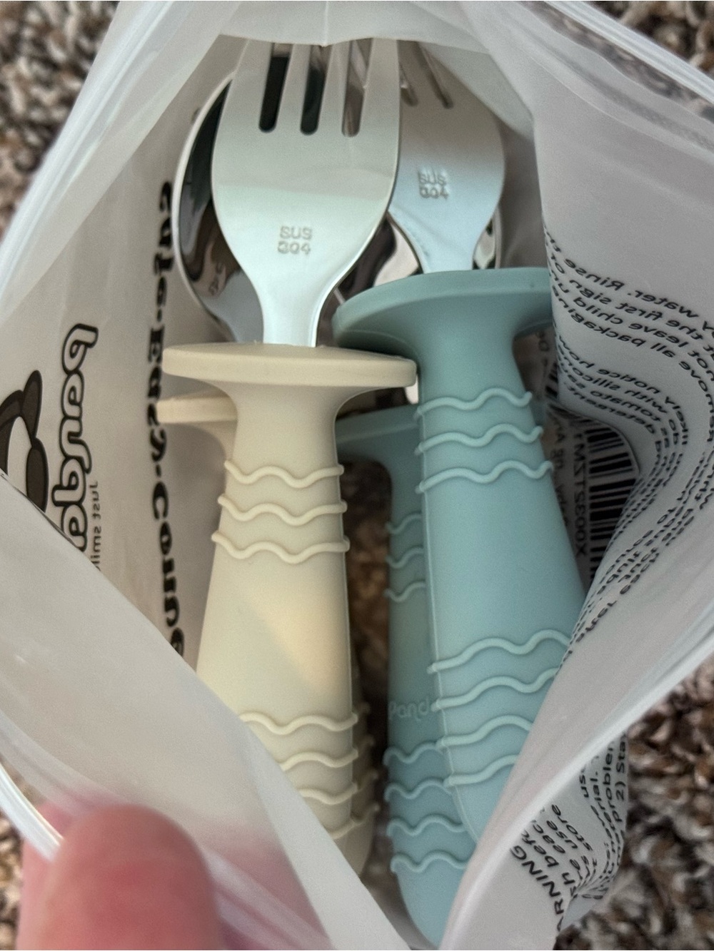 Baby Spoon and Fork Set - Cream & Light Blue Silicone Handles